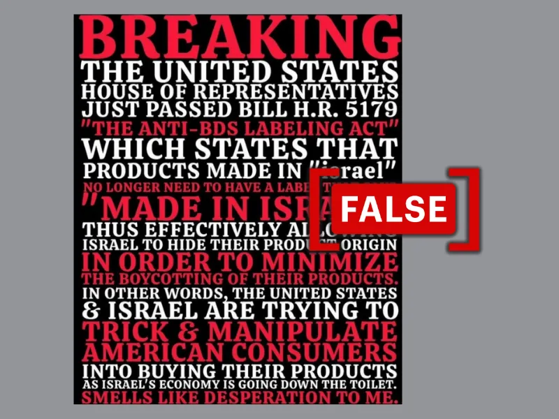 U.S. bill 'Anti-BDS Labeling Act' does not allow Israel to remove origin labels